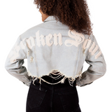 Women Crop Distressed Denim Jacket "Broken Soul"