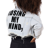 Women Crop Distressed Denim Jacket "Losing My Mind"