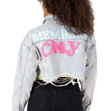 Women Crop Distressed Denim Jacket "Members Only"