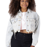 Women Crop Distressed Denim Jacket "Members Only"