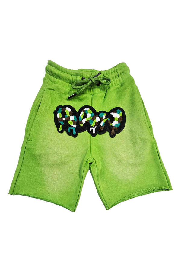 Kids RAW Drip Camo Green Chenille Cotton Shorts