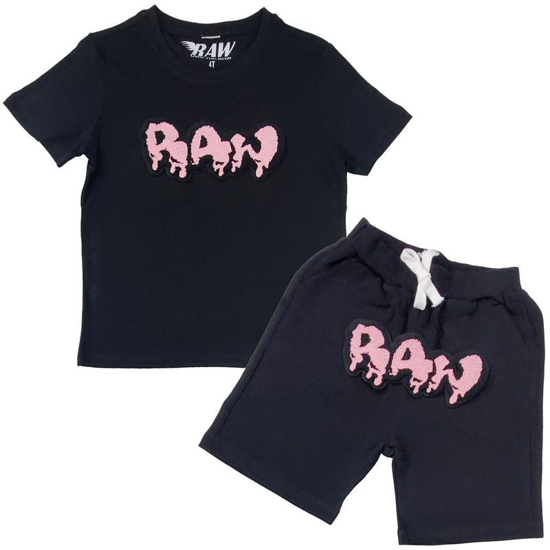 Kids RAW Drip Pink Chenille Crew Neck and Cotton Shorts Set