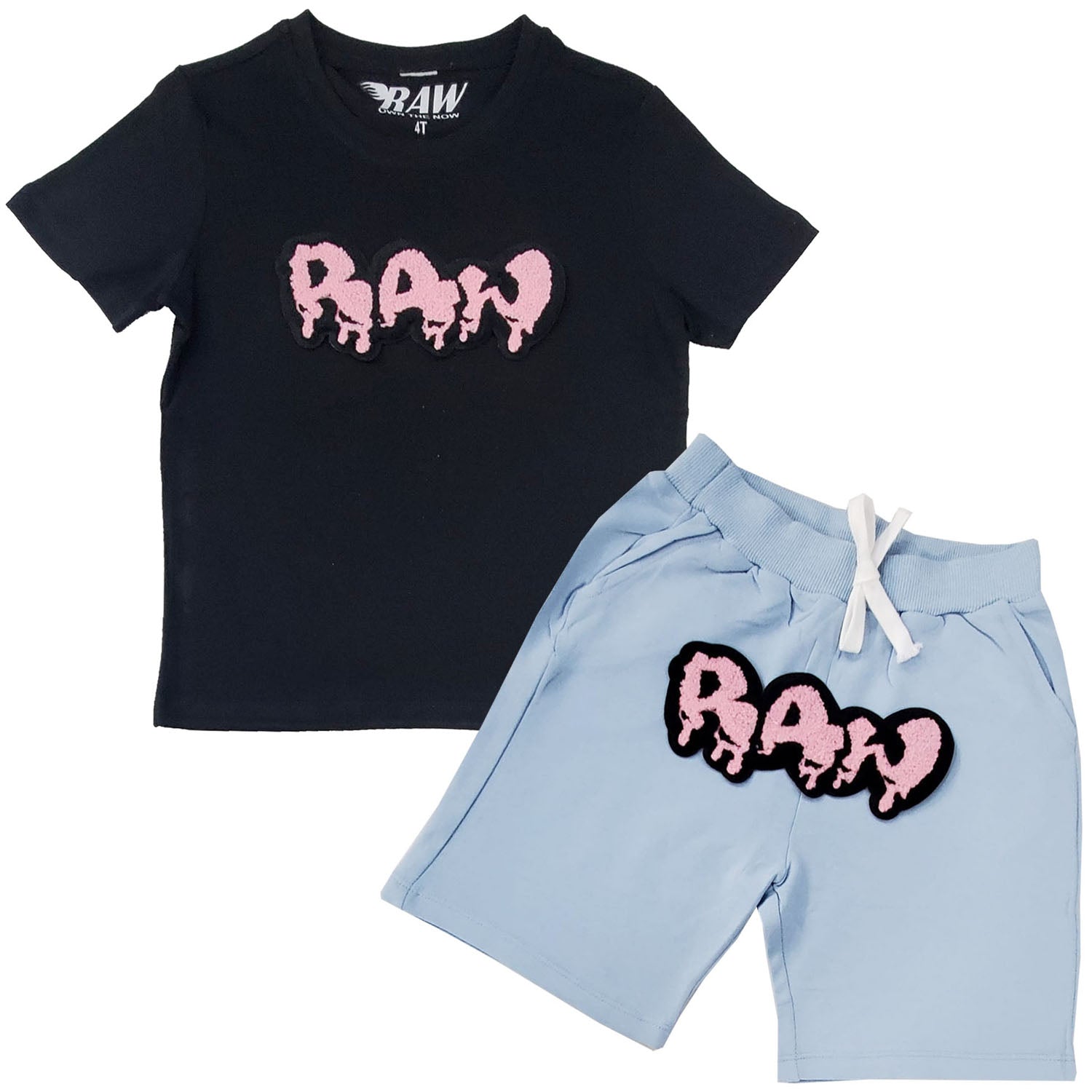 Kids RAW Drip Pink Chenille Crew Neck and Cotton Shorts Set