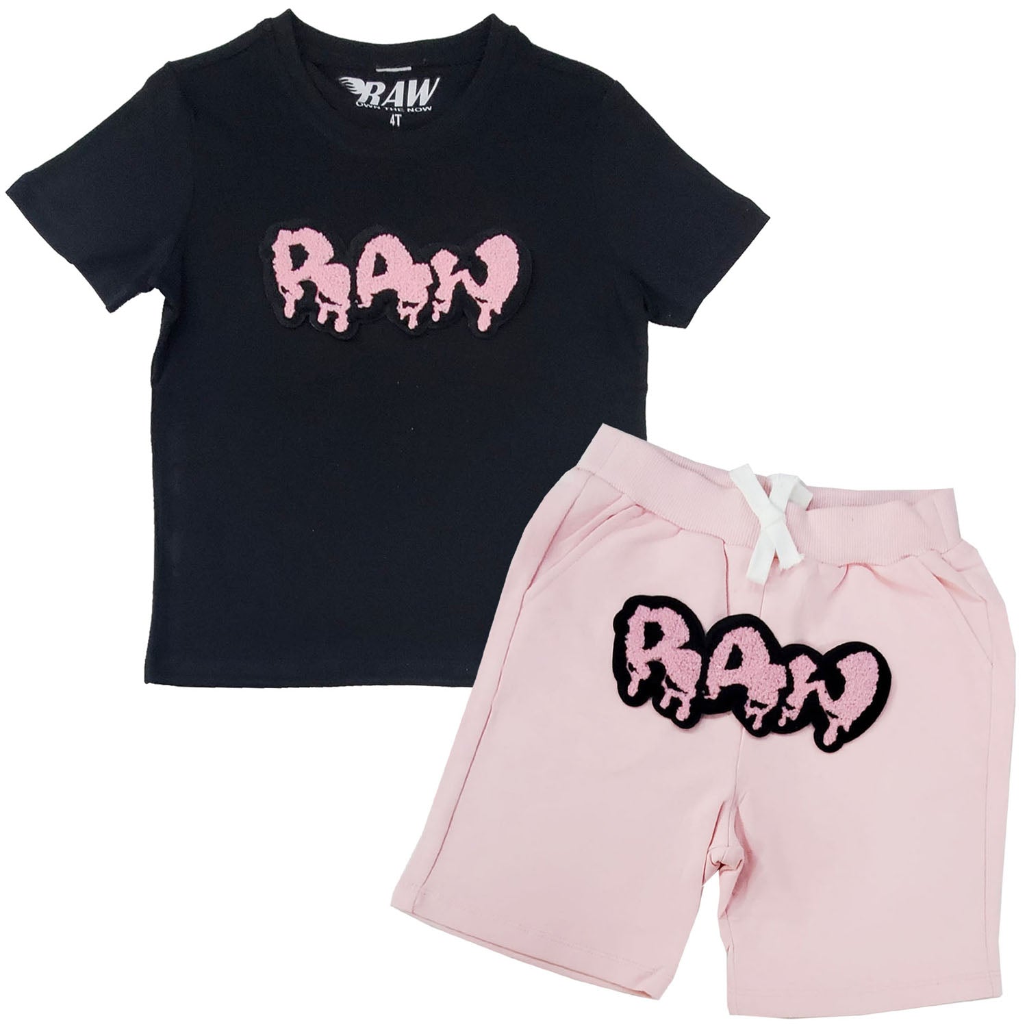 Kids RAW Drip Pink Chenille Crew Neck and Cotton Shorts Set