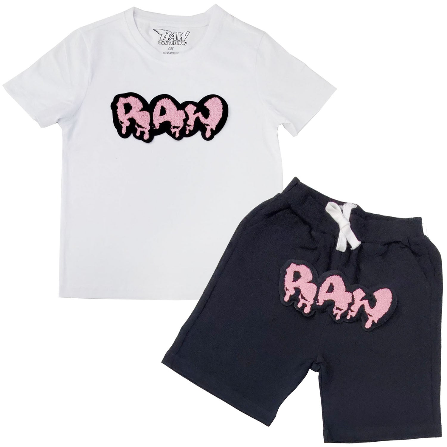 Kids RAW Drip Pink Chenille Crew Neck and Cotton Shorts Set