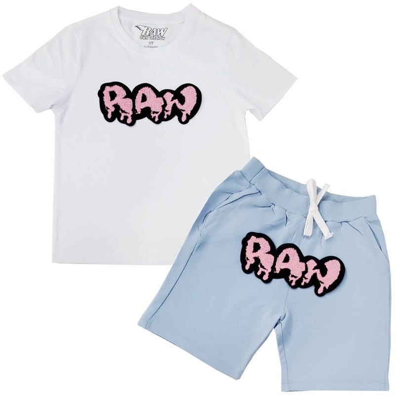 Kids RAW Drip Pink Chenille Crew Neck and Cotton Shorts Set