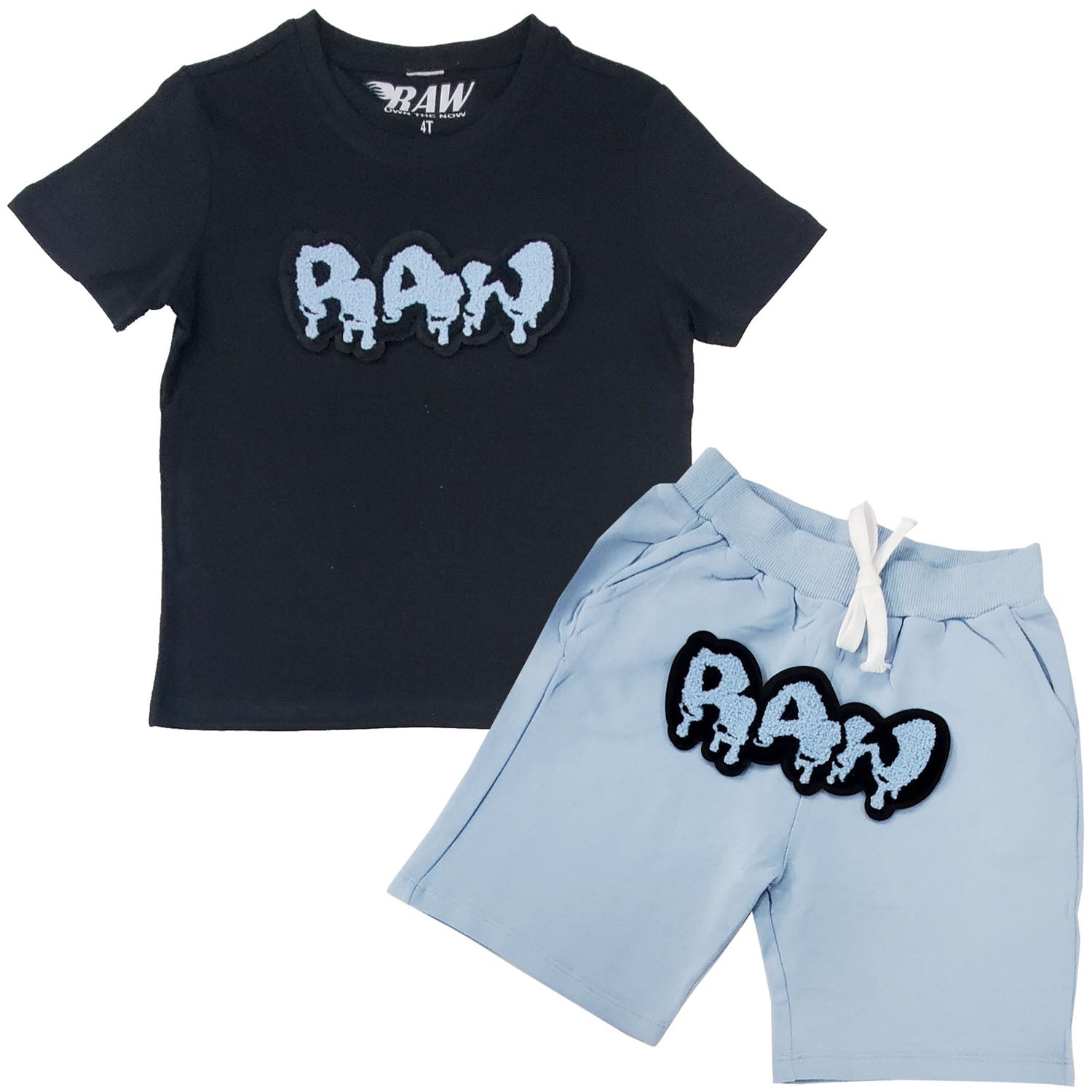 Kids RAW Drip Sky Chenille Crew Neck and Cotton Shorts Set