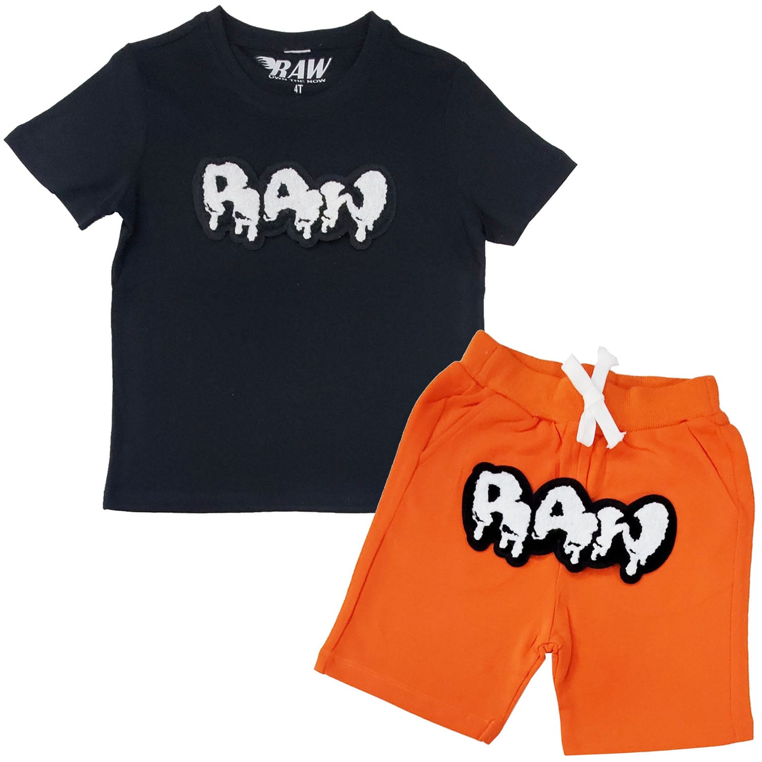 Kids RAW Drip White Chenille Crew Neck and Cotton Shorts Set