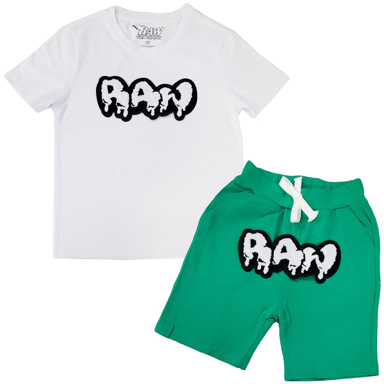 Kids RAW Drip White Chenille Crew Neck and Cotton Shorts Set