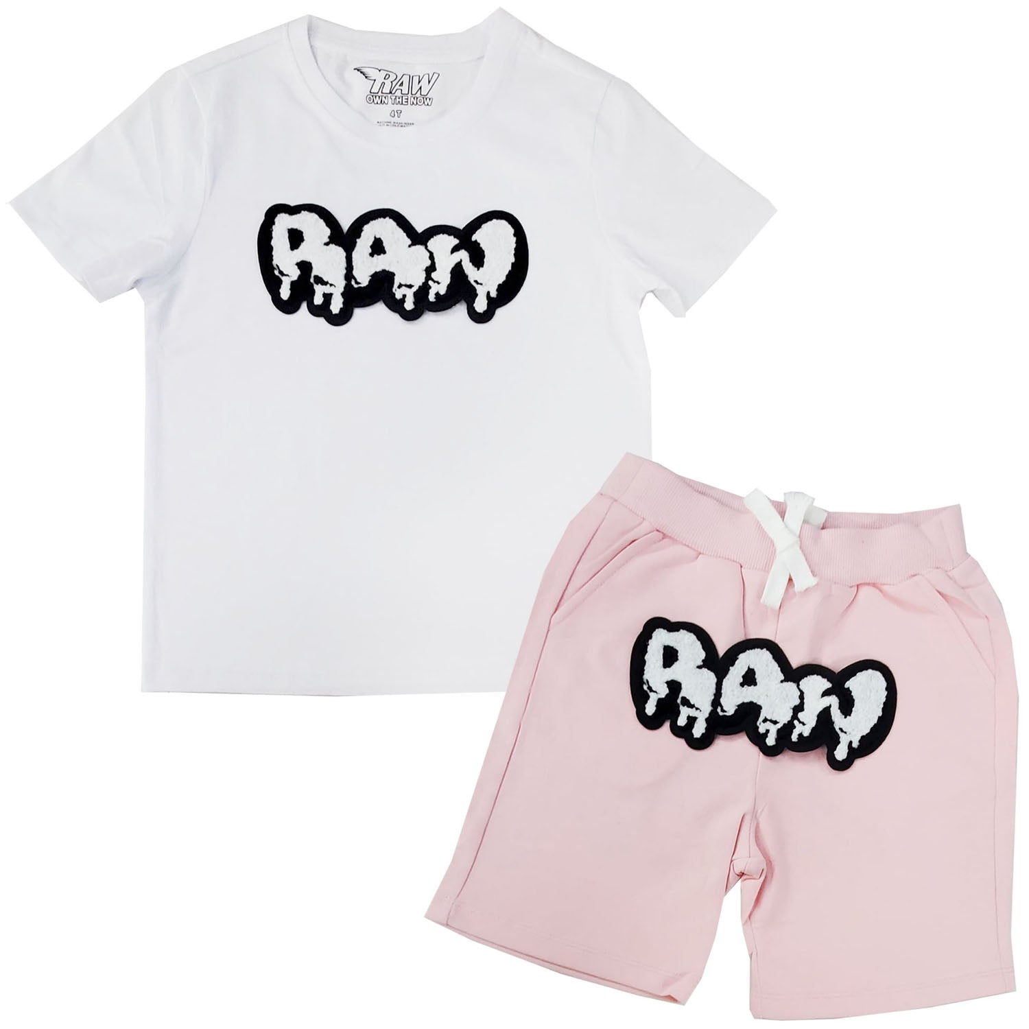 Kids RAW Drip White Chenille Crew Neck and Cotton Shorts Set