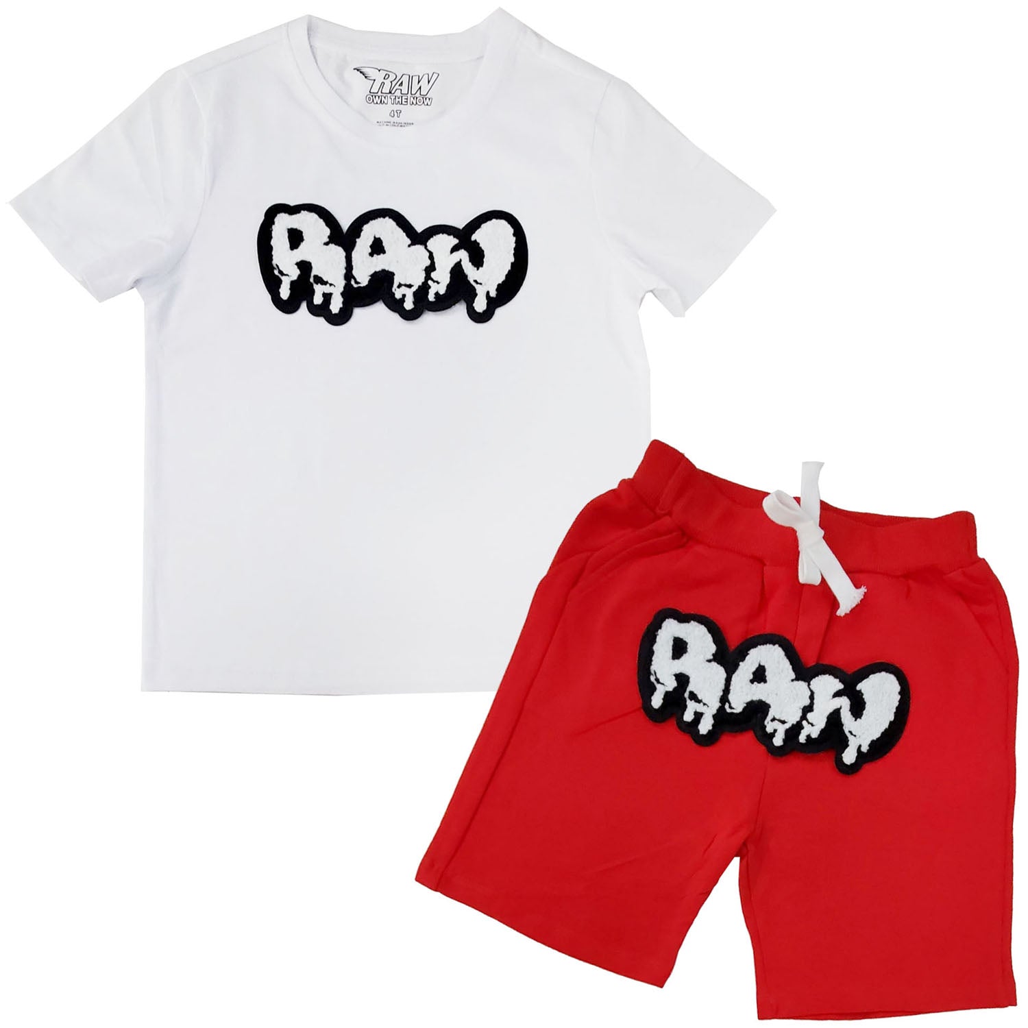 Kids RAW Drip White Chenille Crew Neck and Cotton Shorts Set