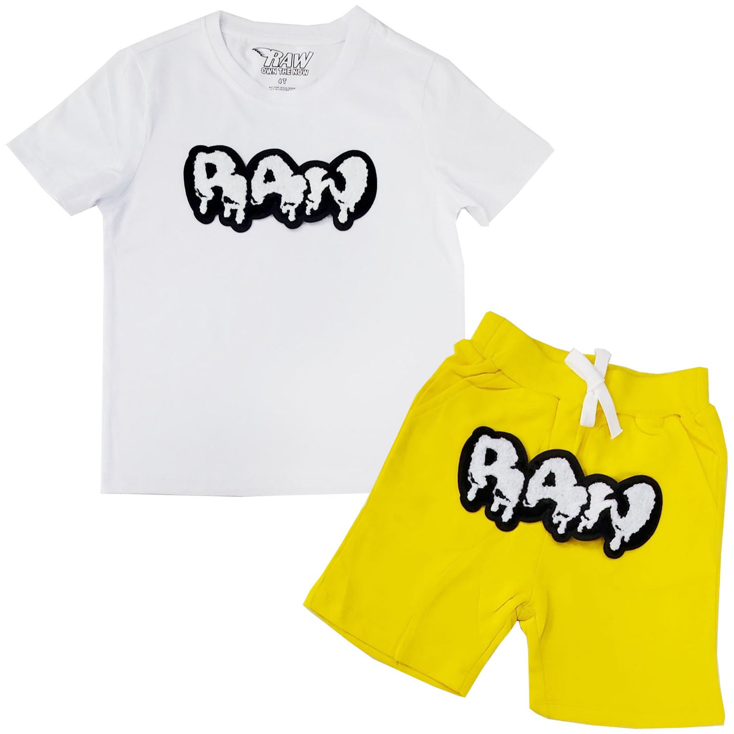 Kids RAW Drip White Chenille Crew Neck and Cotton Shorts Set