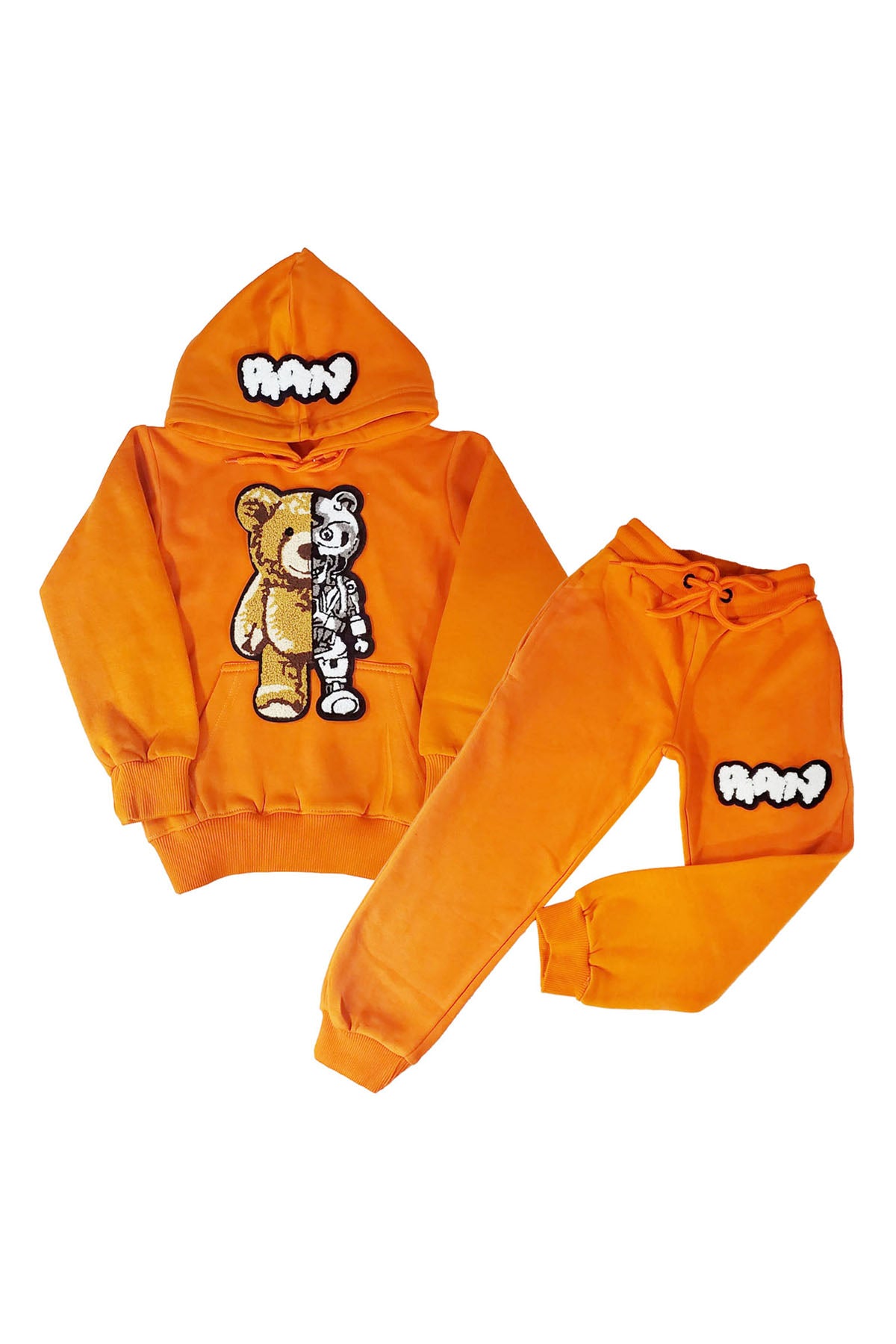 Kids Teddy Robot Raw Drip White Chenille Hoodie and Jogger Set