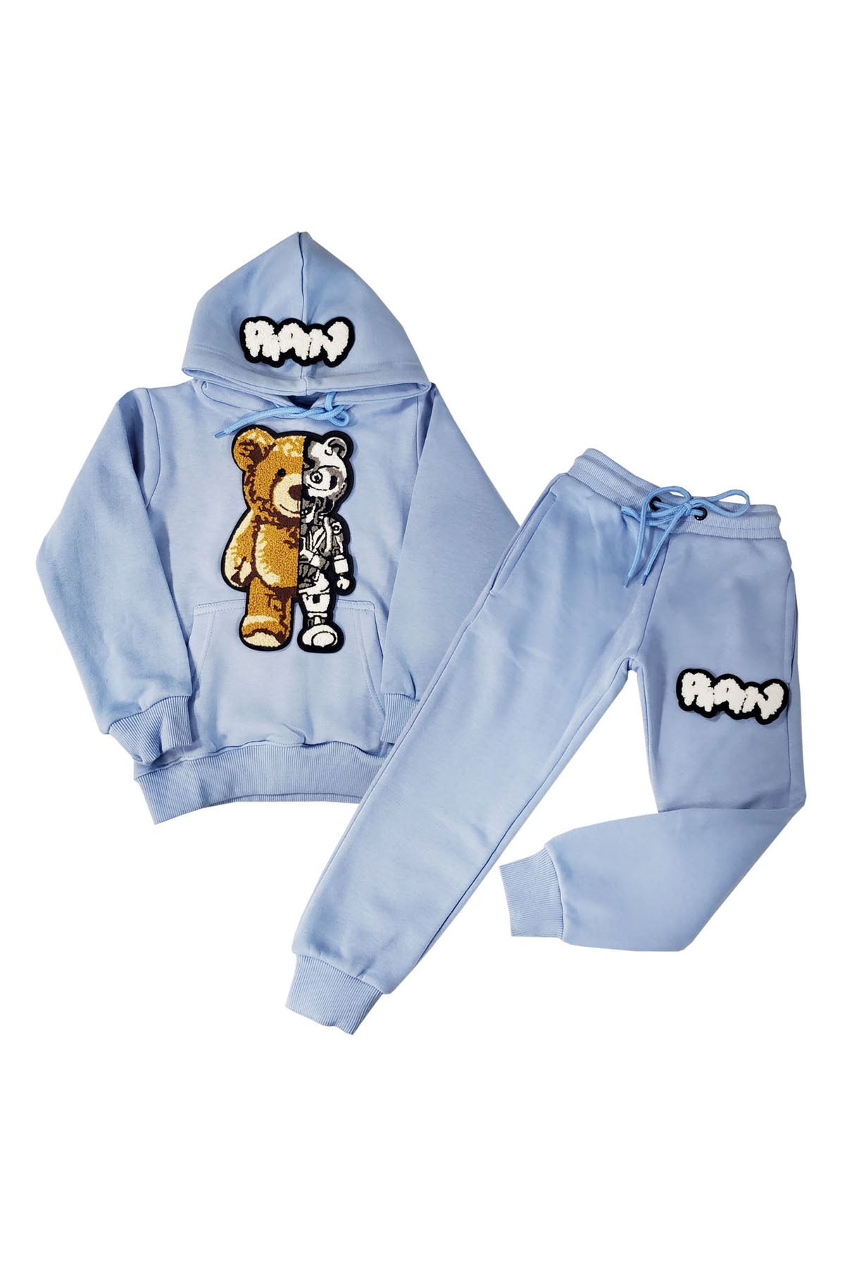 Kids Teddy Robot Raw Drip White Chenille Hoodie and Jogger Set