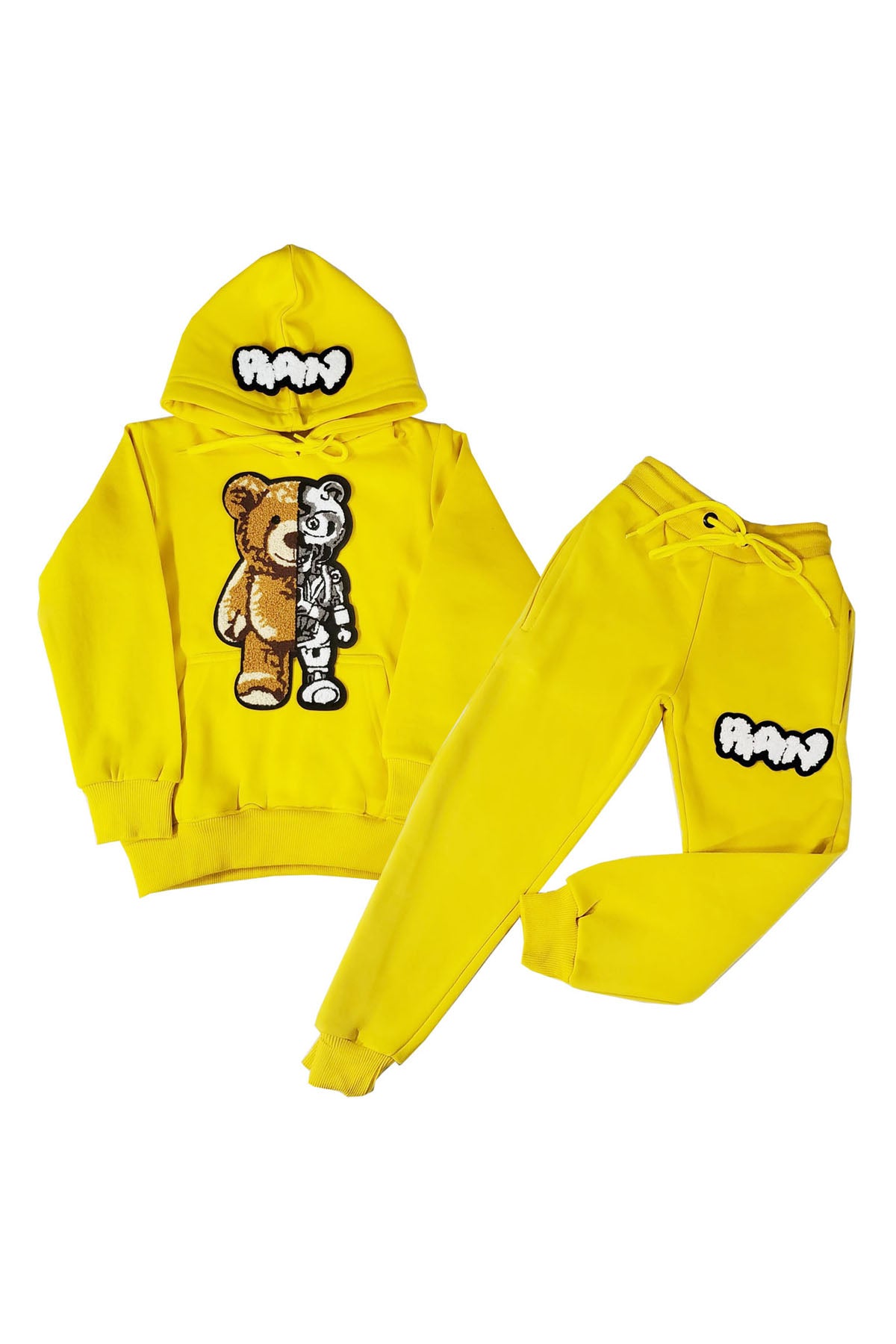 Kids Teddy Robot Raw Drip White Chenille Hoodie and Jogger Set