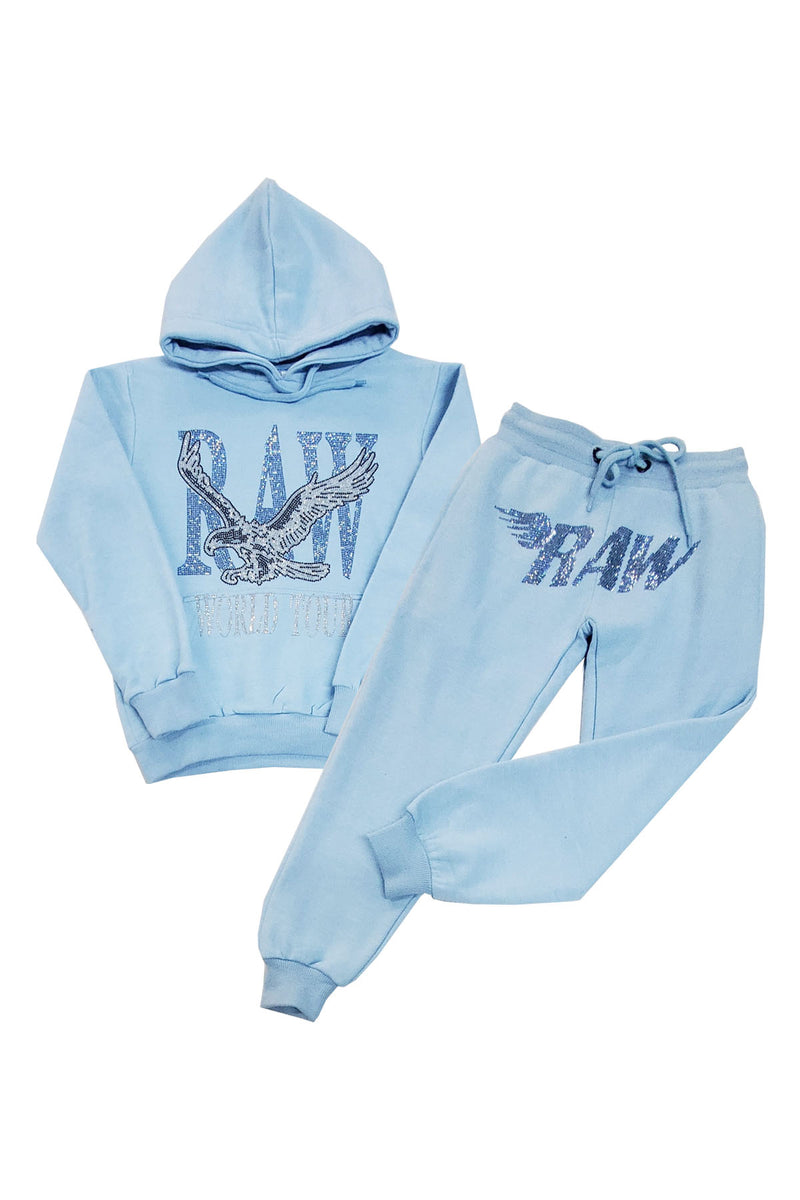 Kids RAW World Tour Light Blue Bling Hoodie and RAW Wing Light Blue Bling Jogger Set