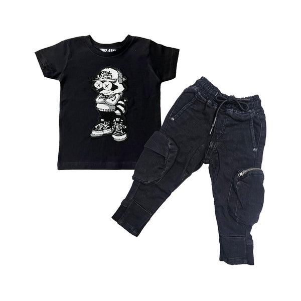 Kids Cash Addicted Chenille Crew Neck T-Shirt and Cargo Pants Set