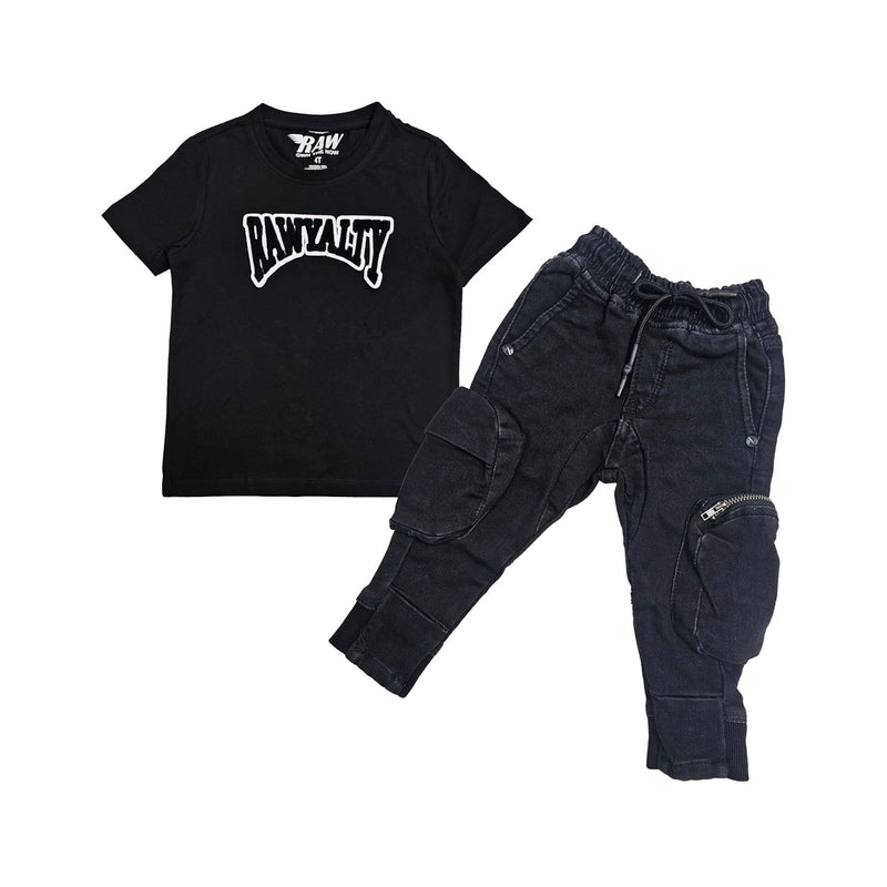 Kids Rawyalty Black Chenille Crew Neck T-Shirt and Cargo Pants Set