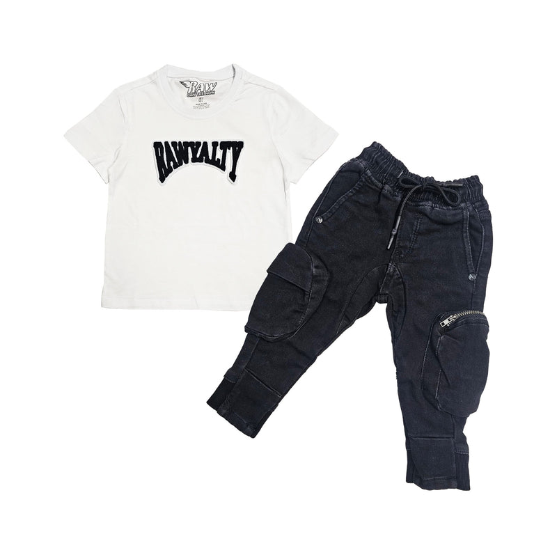 Kids Rawyalty Black Chenille Crew Neck T-Shirt and Cargo Pants Set