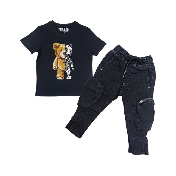 Kids Teddy Robot Chenille Crew Neck T-Shirt and Cargo Pants Set