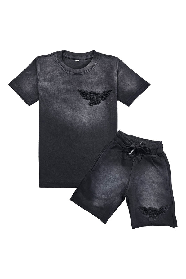 Kids Broken Soul Black  Chenille T-Shirt and Cotton Shorts Set