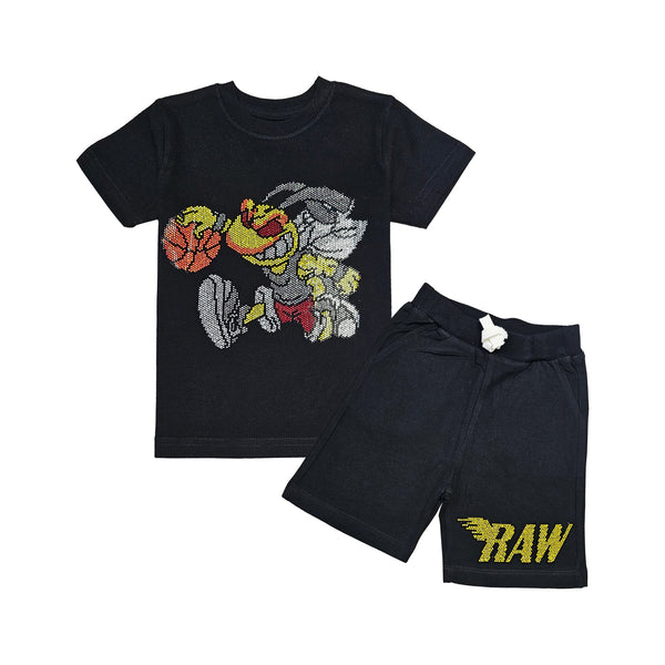 Kids Rawballer Bling Crew Neck T-Shirt and RAW Wing Yellow/Black Bling Cotton Shorts Set - Rawyalty Clothing