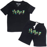 Kids RAW Drip Camo Green Chenille Crew Neck T-Shirt and Cotton Shorts Set