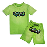 Kids RAW Drip Camo Green Chenille Crew Neck T-Shirt and Cotton Shorts Set