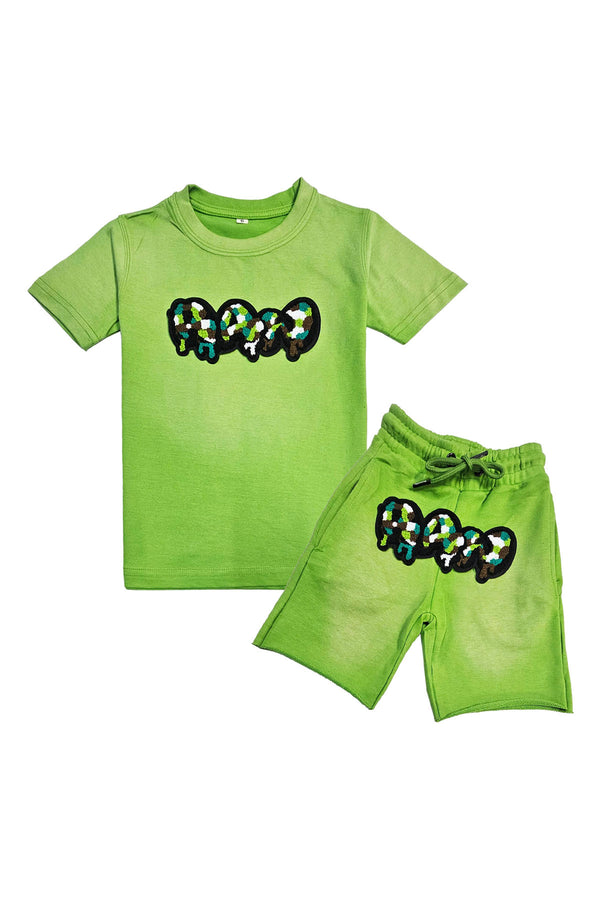 Kids RAW Drip Camo Green Chenille Crew Neck T-Shirt and Cotton Shorts Set