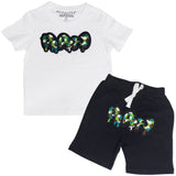 Kids RAW Drip Camo Green Chenille Crew Neck T-Shirt and Cotton Shorts Set