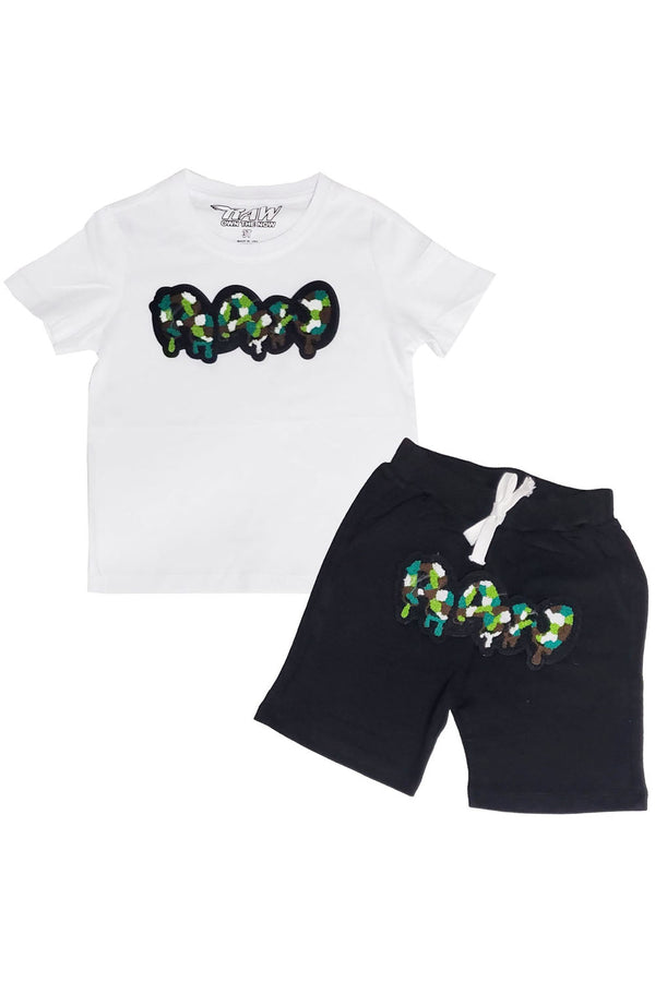 Kids RAW Drip Camo Green Chenille Crew Neck T-Shirt and Cotton Shorts Set