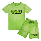 Kids RAW Drip Lime Green Chenille Crew Neck T-Shirt and Cotton Shorts Set