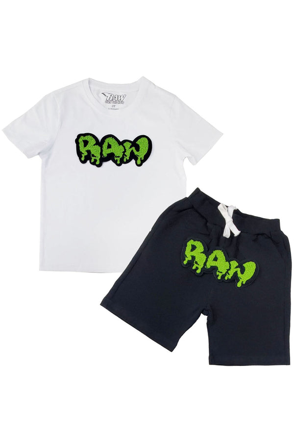 Kids RAW Drip Lime Green Chenille Crew Neck T-Shirt and Cotton Shorts Set