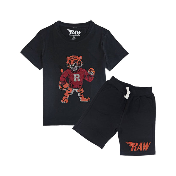 Kids RAW Tiger Bling Crew Neck T-Shirt and RAW Wing Orange/Black Bling Cotton Shorts Set - Rawyalty Clothing