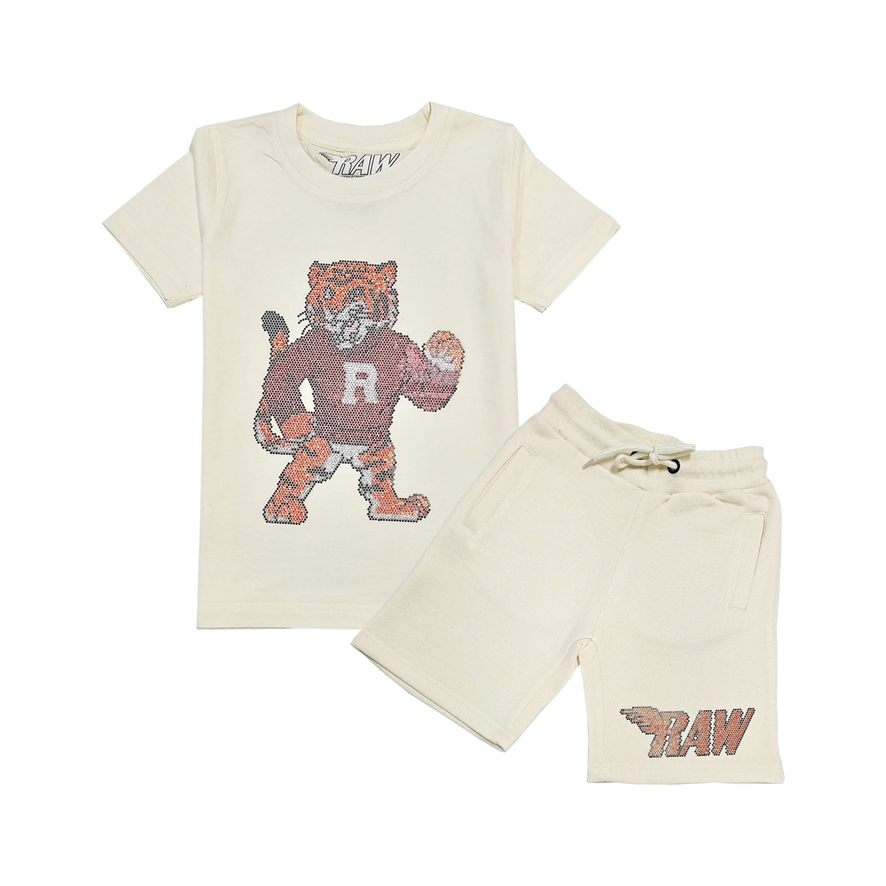 Kids RAW Tiger Bling Crew Neck T-Shirt and RAW Wing Orange/Black Bling Cotton Shorts Set - Rawyalty Clothing