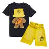 Kids Smiley Teddy Embroidery T-Shirt and Cotton Shorts Set