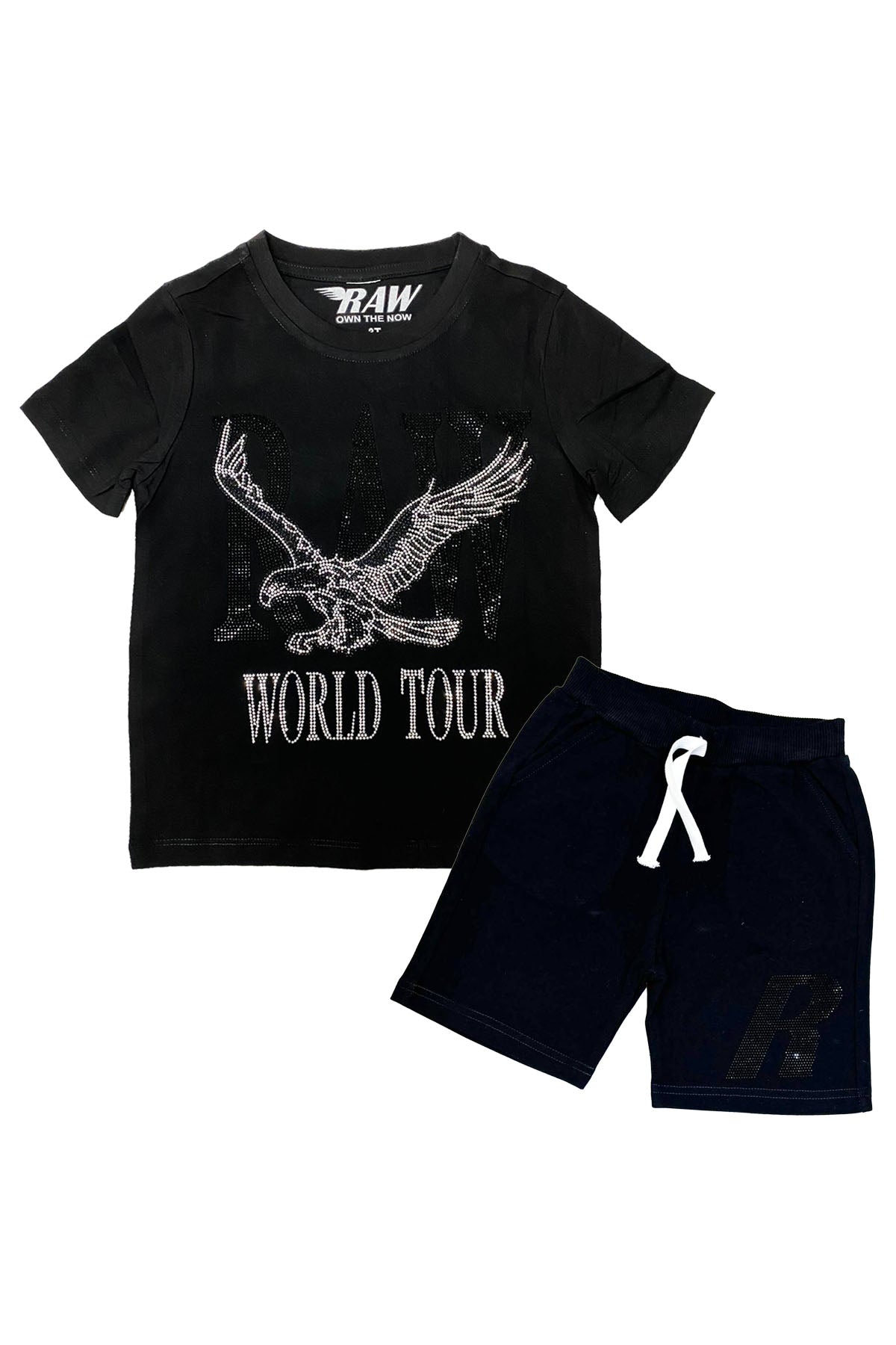 Kids RAW World Tour Black Bling Crew Neck T-Shirt and RAW Wing Black Bling Cotton Shorts Set