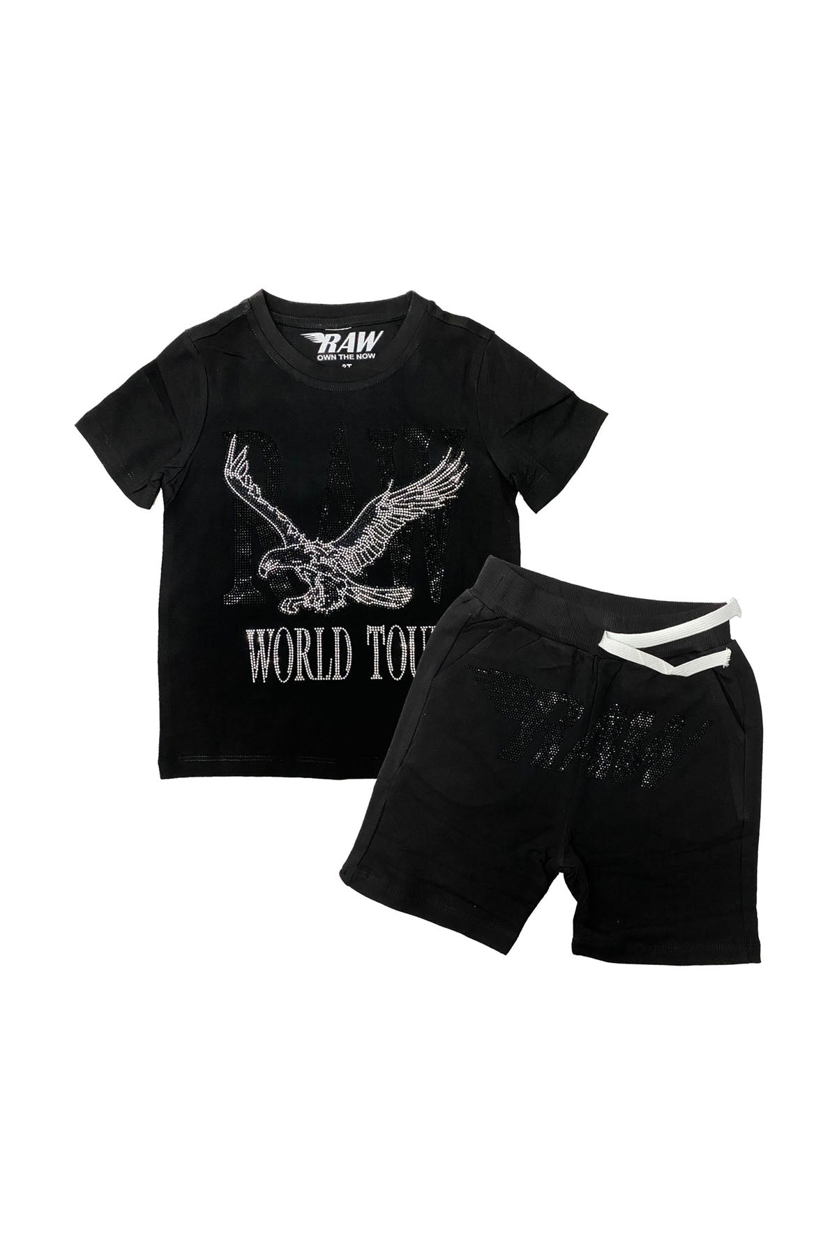 Kids RAW World Tour Black Bling Crew Neck T-Shirt and RAW Wing Black Bling Cotton Shorts Set