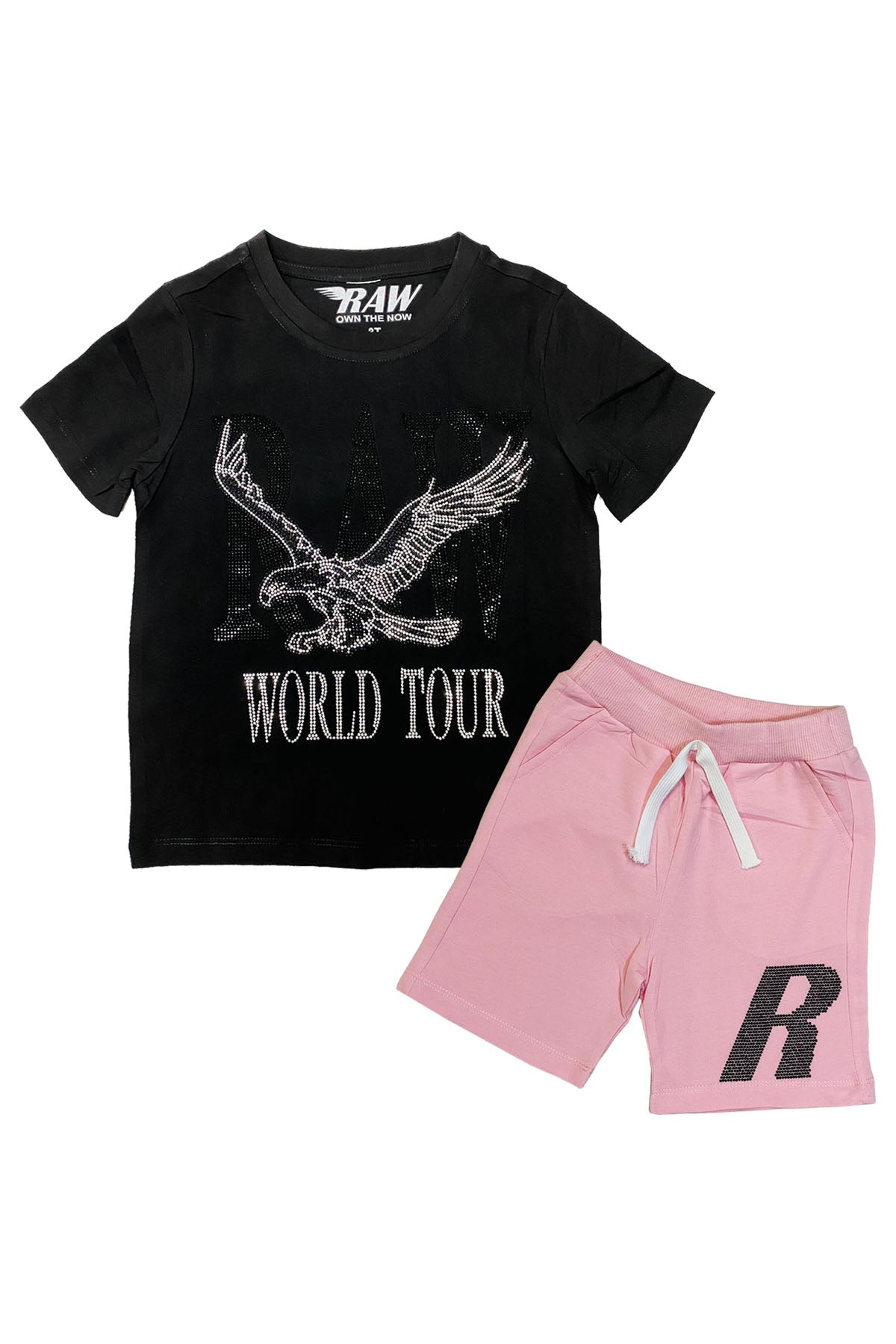 Kids RAW World Tour Black Bling Crew Neck T-Shirt and RAW Wing Black Bling Cotton Shorts Set