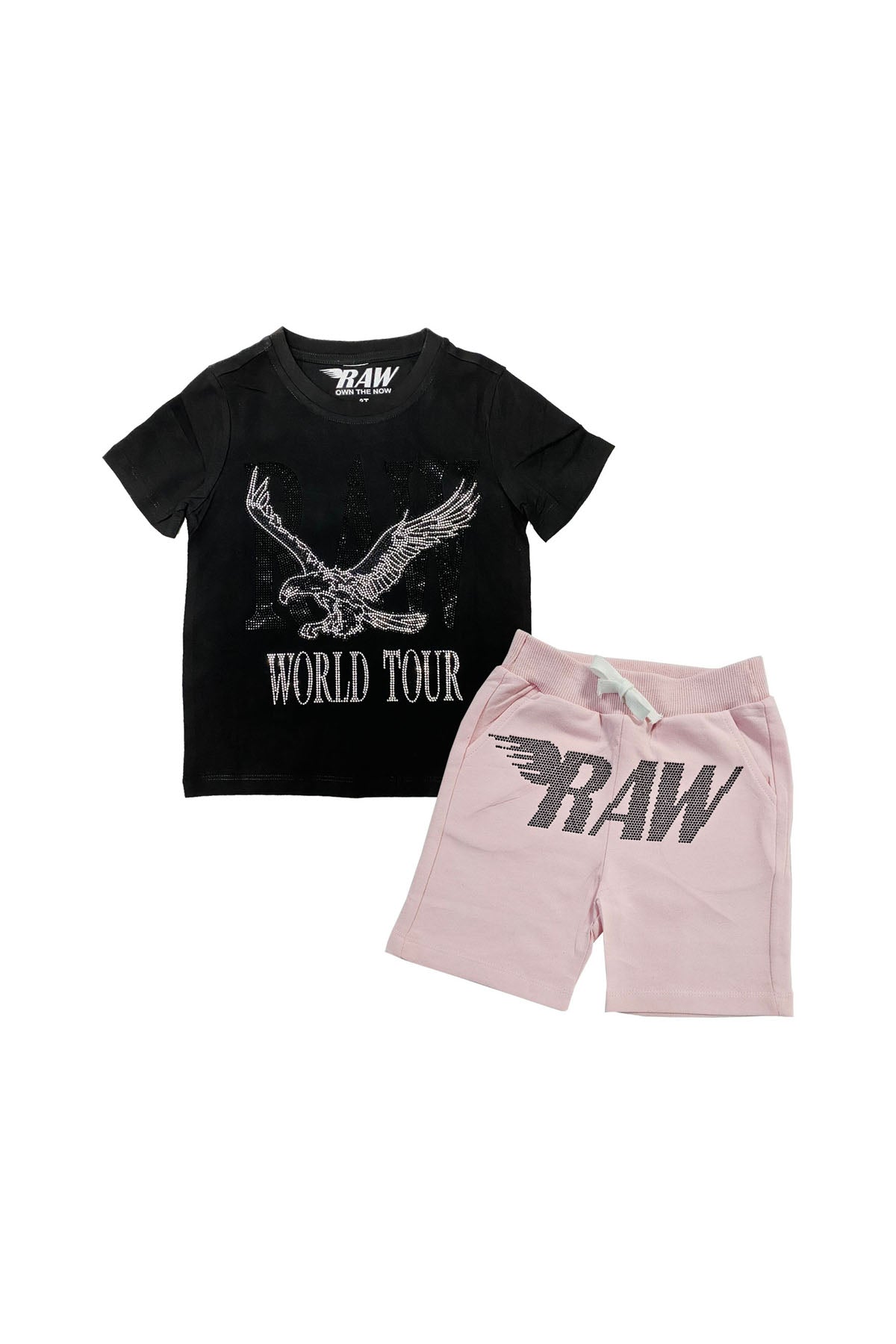 Kids RAW World Tour Black Bling Crew Neck T-Shirt and RAW Wing Black Bling Cotton Shorts Set