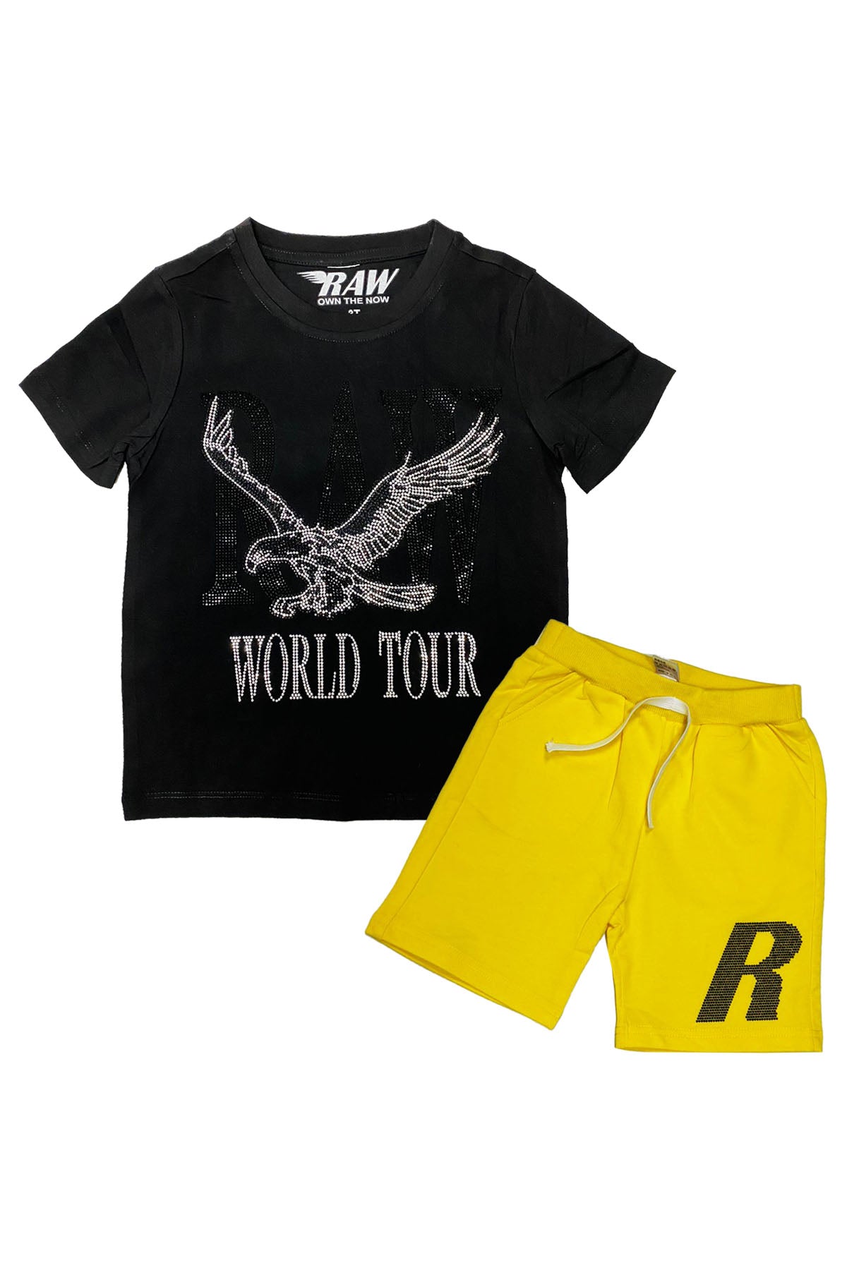 Kids RAW World Tour Black Bling Crew Neck T-Shirt and RAW Wing Black Bling Cotton Shorts Set
