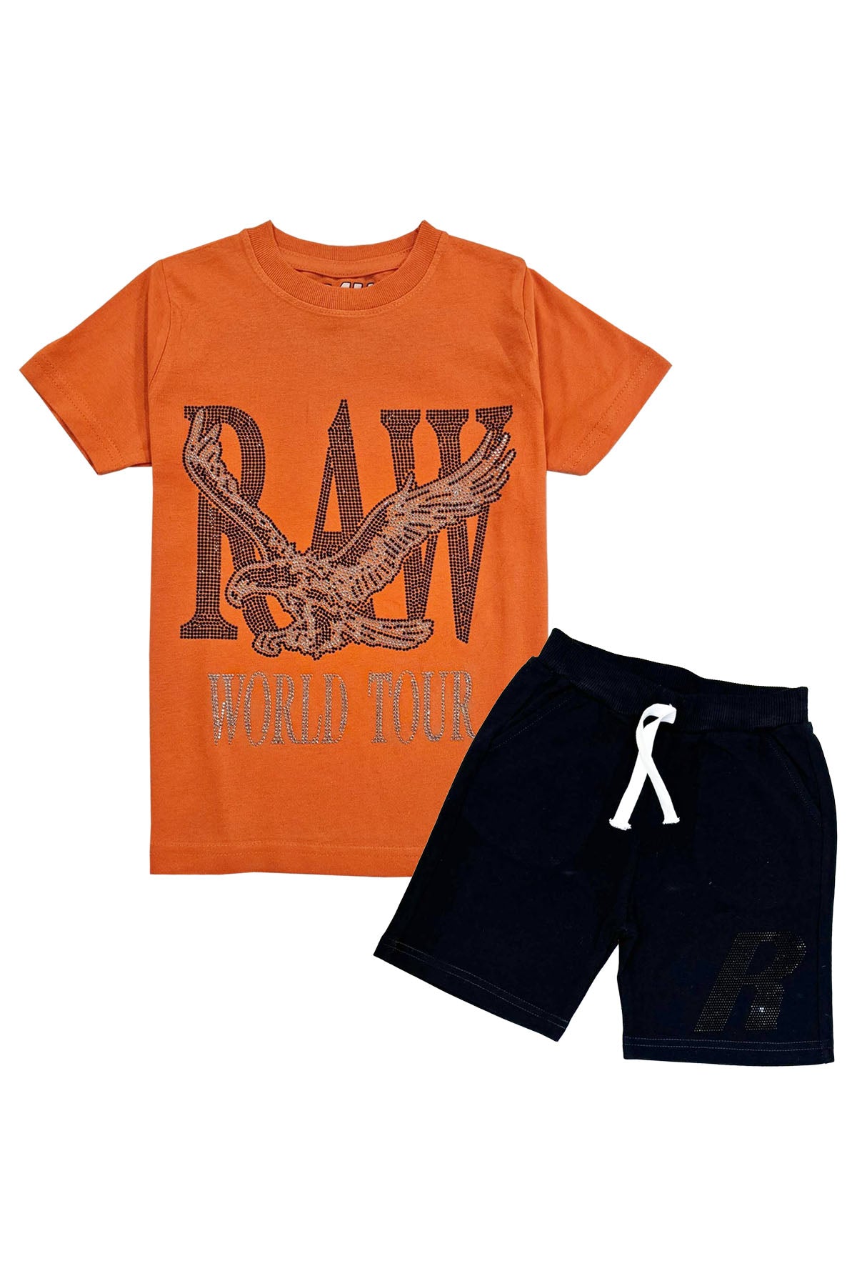 Kids RAW World Tour Black Bling Crew Neck T-Shirt and RAW Wing Black Bling Cotton Shorts Set