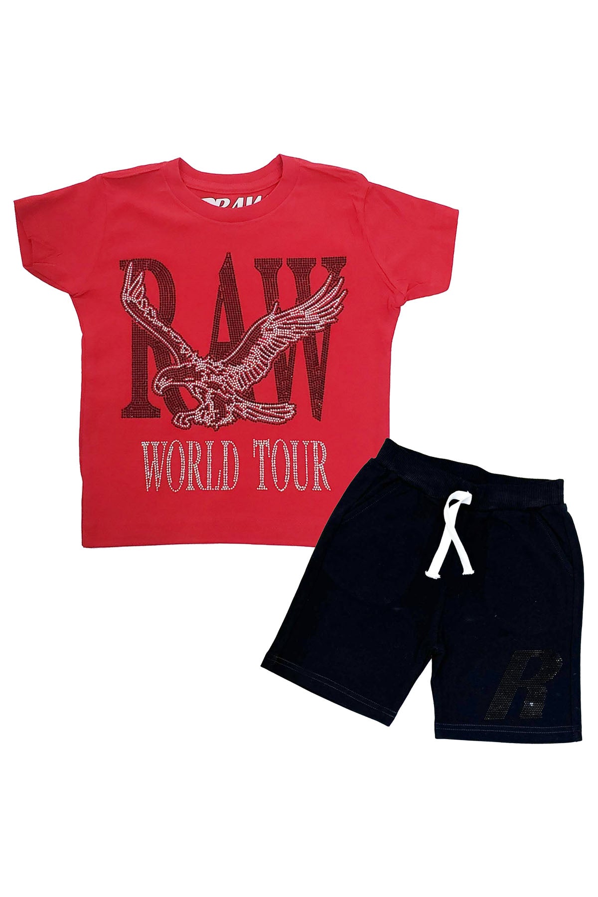 Kids RAW World Tour Black Bling Crew Neck T-Shirt and RAW Wing Black Bling Cotton Shorts Set
