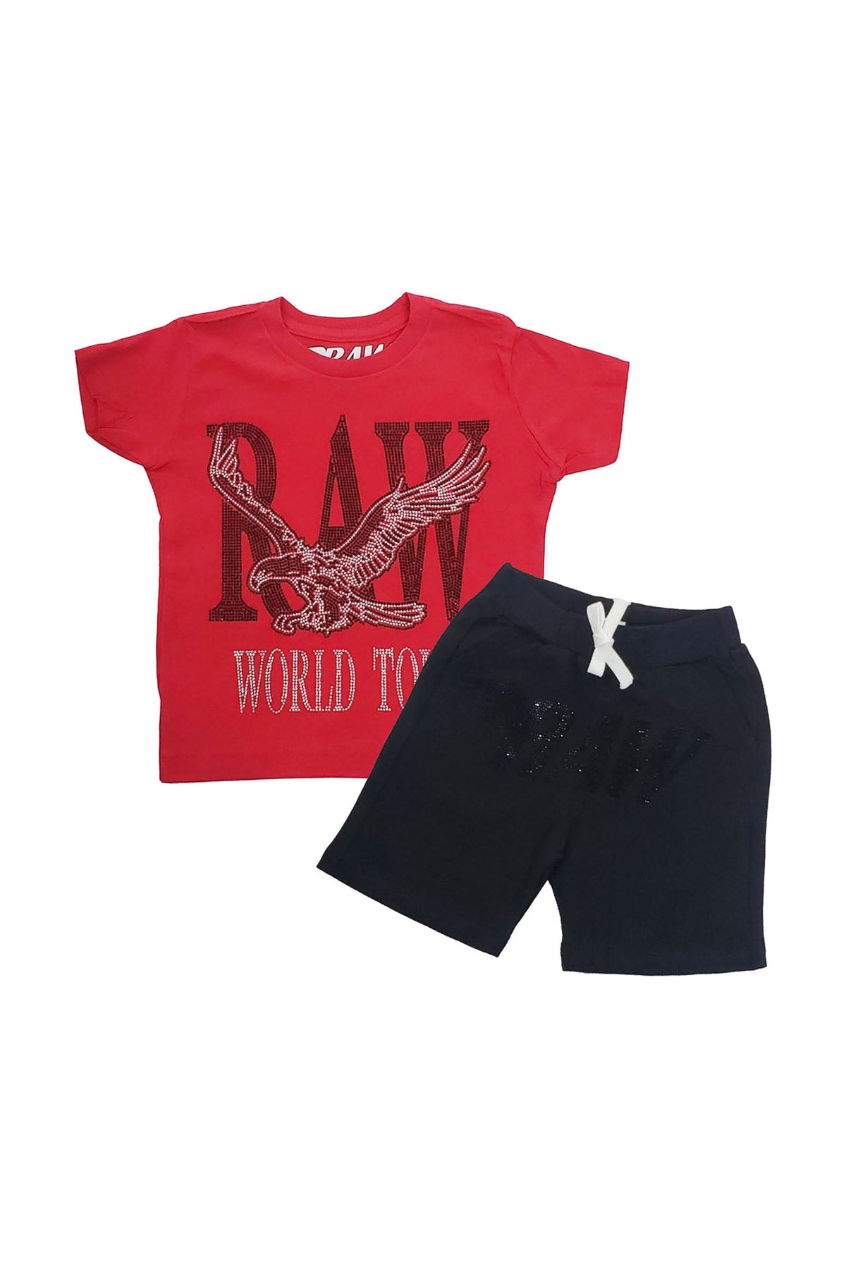 Kids RAW World Tour Black Bling Crew Neck T-Shirt and RAW Wing Black Bling Cotton Shorts Set