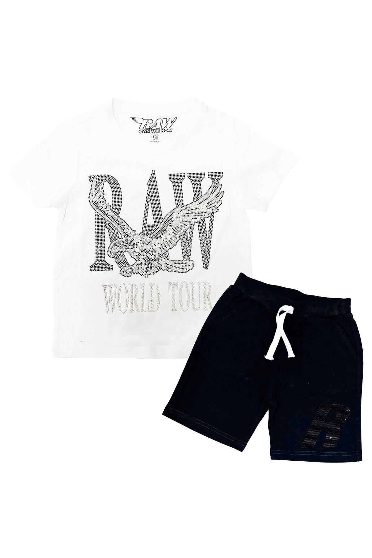 Kids RAW World Tour Black Bling Crew Neck T-Shirt and RAW Wing Black Bling Cotton Shorts Set
