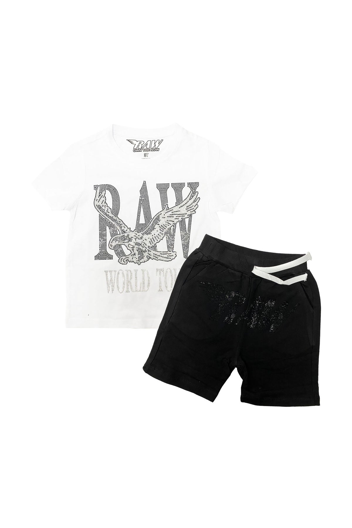 Kids RAW World Tour Black Bling Crew Neck T-Shirt and RAW Wing Black Bling Cotton Shorts Set