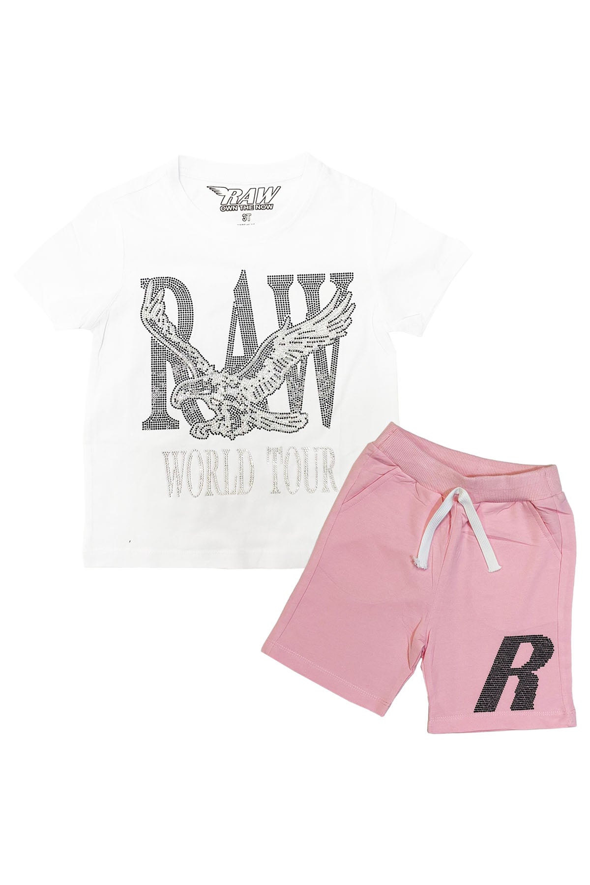 Kids RAW World Tour Black Bling Crew Neck T-Shirt and RAW Wing Black Bling Cotton Shorts Set