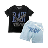 Kids RAW World Tour Light Blue Bling Crew Neck T-Shirt and RAW Wing Light Blue Bling Cotton Shorts Set