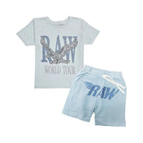 Kids RAW World Tour Light Blue Bling Crew Neck T-Shirt and RAW Wing Light Blue Bling Cotton Shorts Set