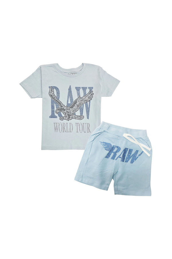 Kids RAW World Tour Light Blue Bling Crew Neck T-Shirt and RAW Wing Light Blue Bling Cotton Shorts Set